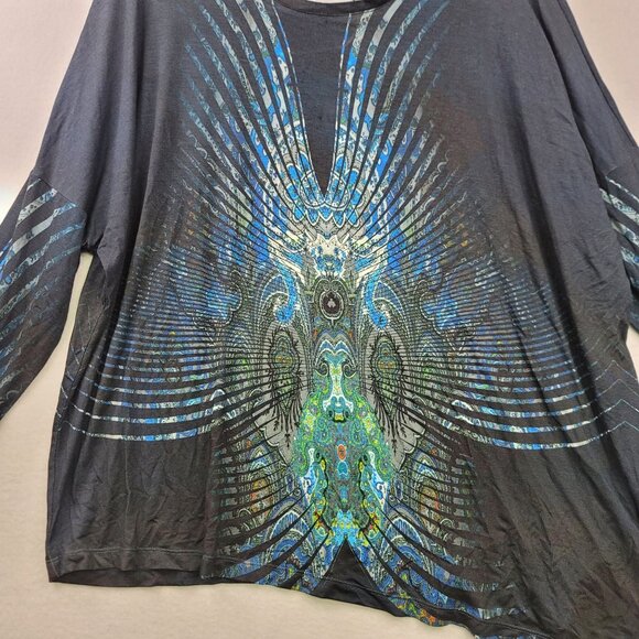 Robert Kitchen Canada Womens Long Sleeve Peacock Print Asymmetrical Top L New - Picture 2 of 12